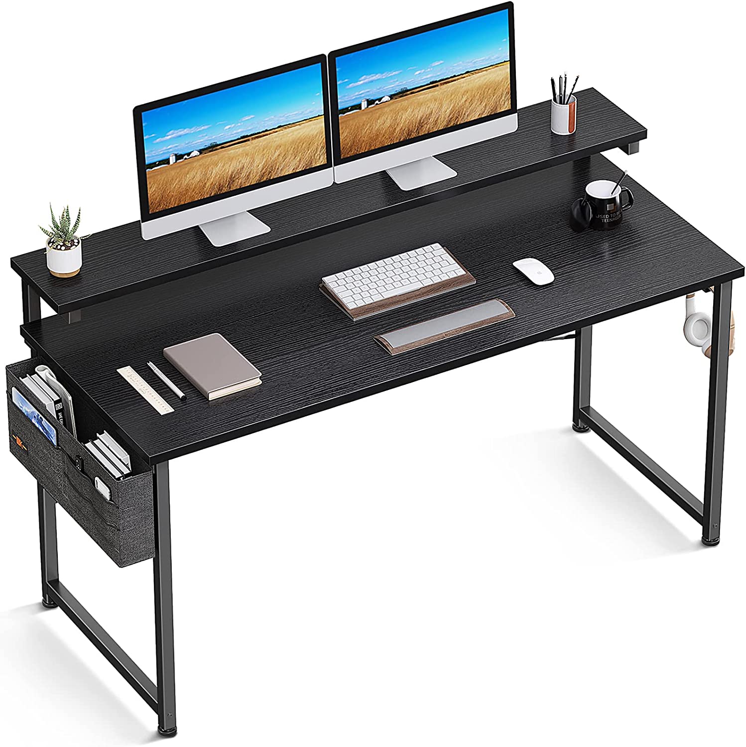 55 Inch Computer Desk with Adjustable Monitor Shelves