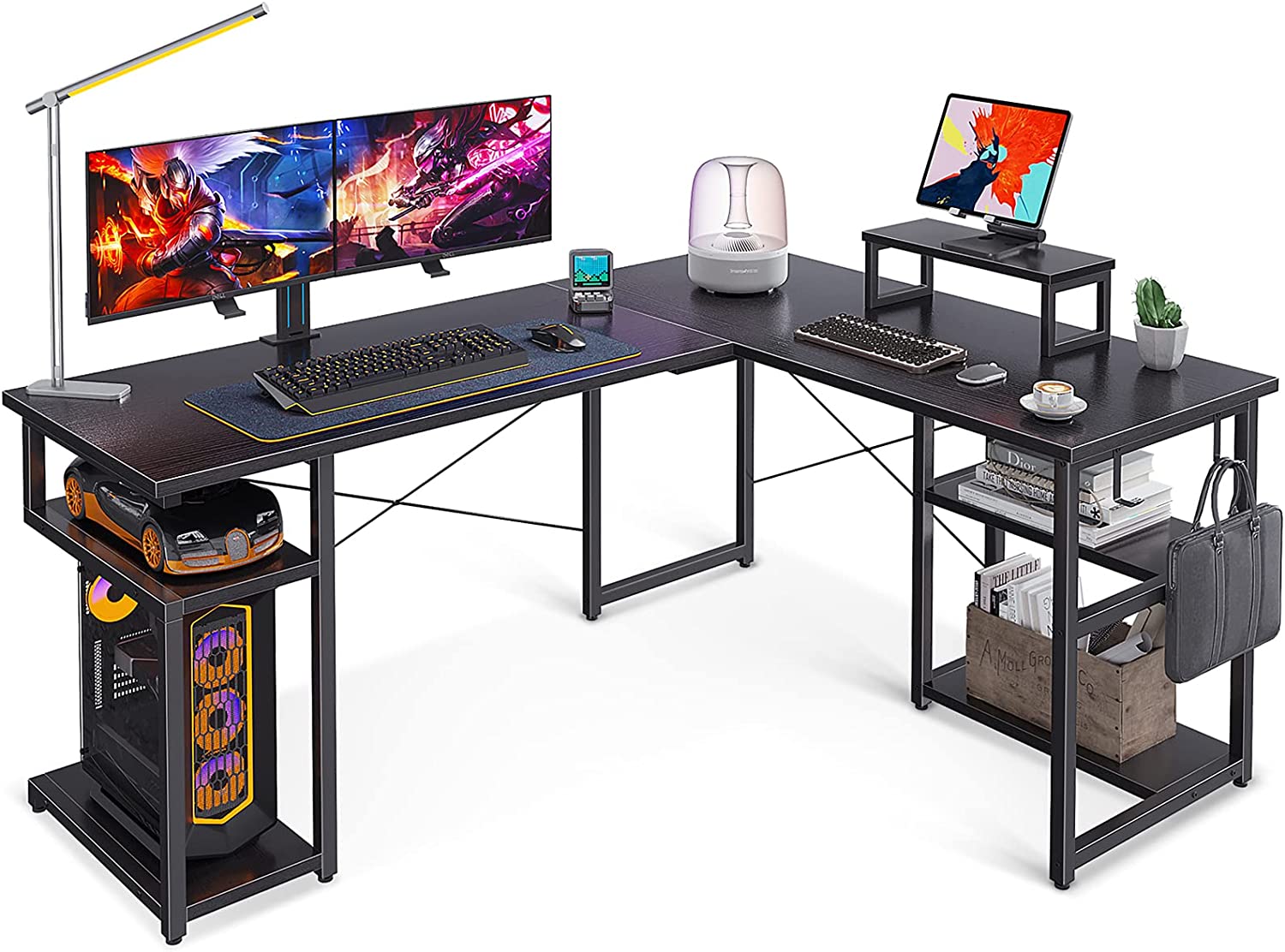 58 Inch L Shaped Desk Computer Desk with Storage Shelves & Gaming Desk,  Black