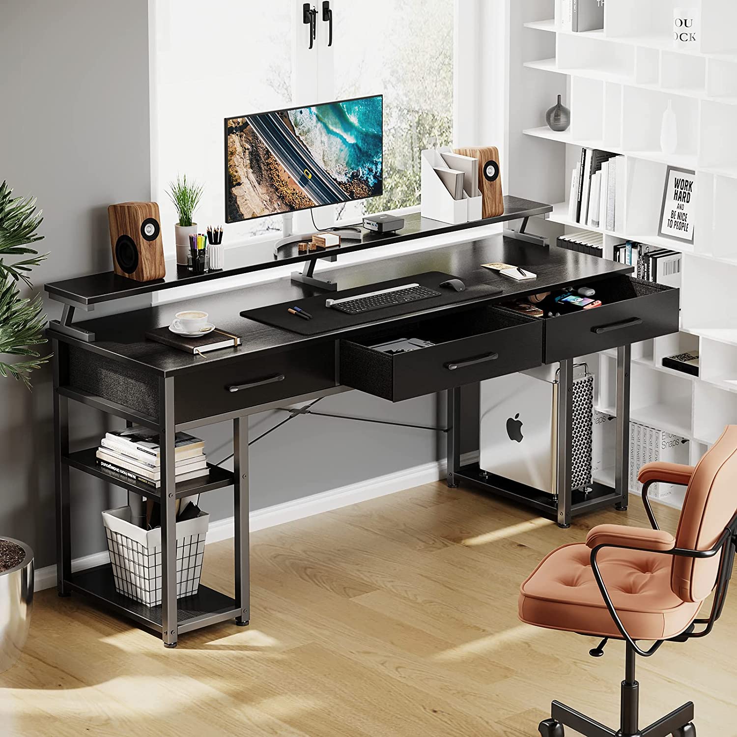 63 Inch Computer Desk with Drawers and 2 Storage Shelves