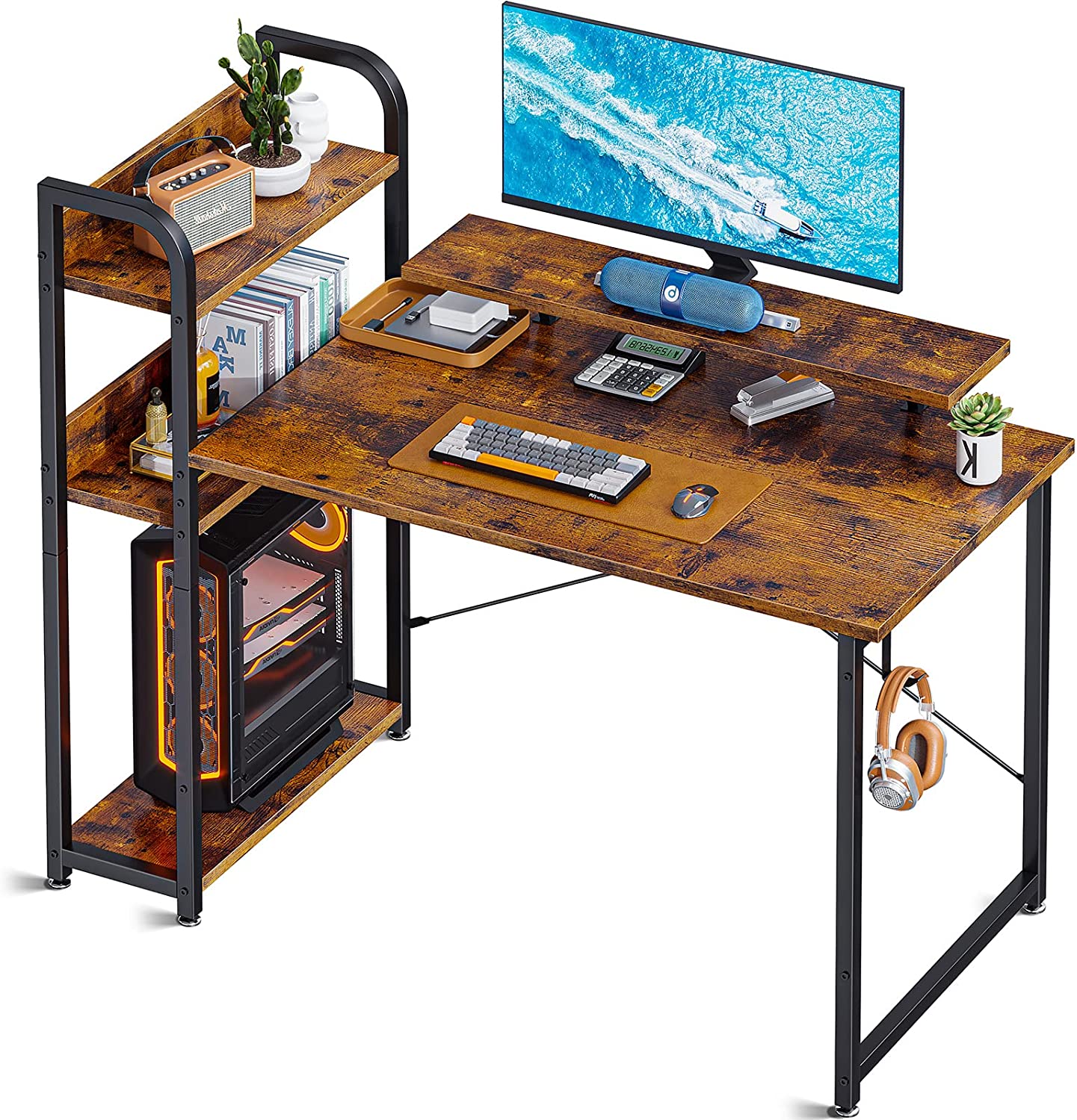 39 Inch Computer Desk with Storage Shelves and Monitor Stand