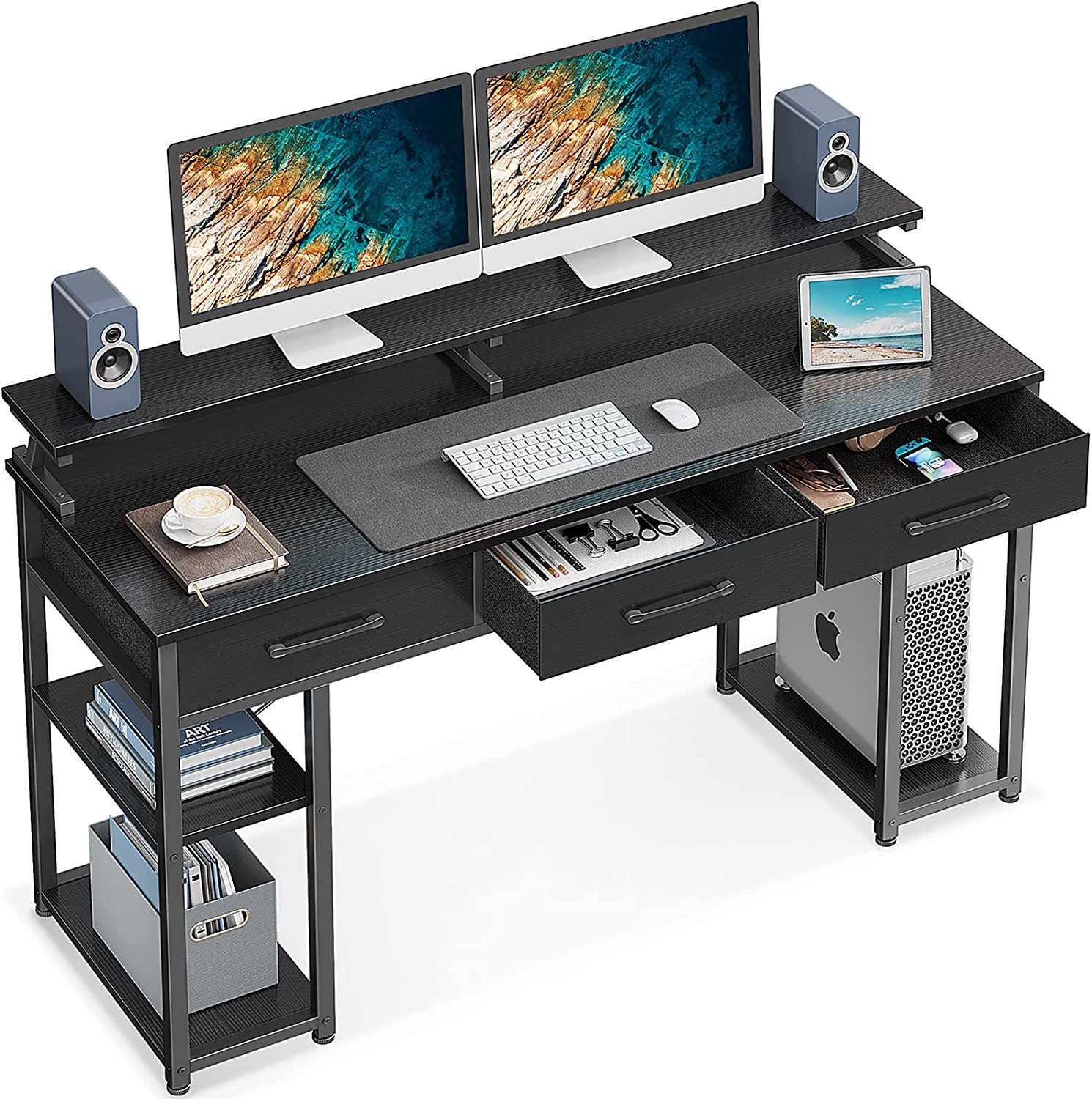 55 Inch Computer Desk with Drawers and 2 Storage Shelves