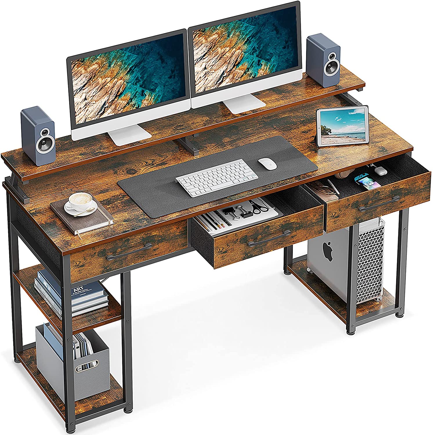55 Inch Computer Desk with Drawers and 2 Storage Shelves